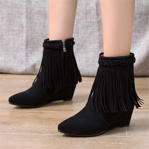Women’s  Platform High Heel Fringe Ankle BootsBootsmainimage2Pointed-Toe-Wedges-Booties-Winter-Women-Ankle-Boots-Footwear-Platform-High-Heels-Fringe-Shoes-Woman-Bota