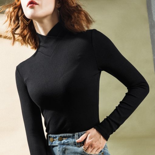 Stand-up Collar Long-Sleeved Stretch TopsTopsmainimage2Stand-up-Collar-Long-sleeved-Stretch-T-shirt-Women-s-Fall-winter-Fleece-Padded-Warm-Basic