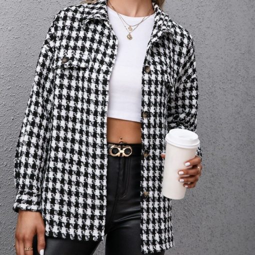 Women’s Spring Autumn Houndstooth Shirt JacketTopsmainimage2Women-Spring-Autumn-Houndstooth-Shirt-Jacket-Loose-Button-Long-Sleeve-Coat-Elegant-Black-Suits-Woman-Clothing