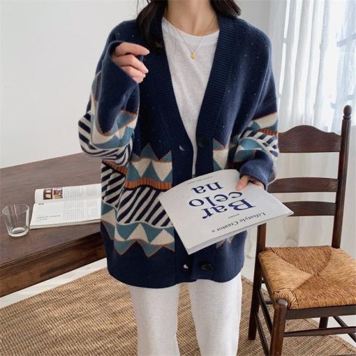 Jacquard Knitted Cardigan Lazy Style Loose SweatersTopsmainimage32022-jacquard-knitted-cardigan-lazy-style-loose-outer-jacket-V-Neck-Jumper-Button-Up-All-Match