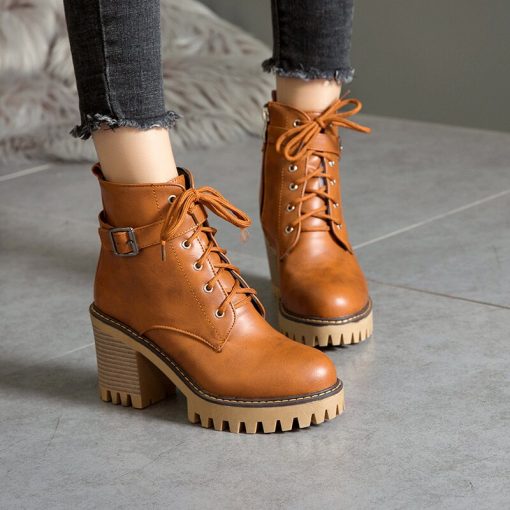 Women’s High Heel Lace Up Ankle BootsBootsmainimage3Boots-Women-2022-Winter-Shoes-Woman-High-Heel-Lace-Up-Ankle-Boots-Buckle-Platform-Artificial-Leather