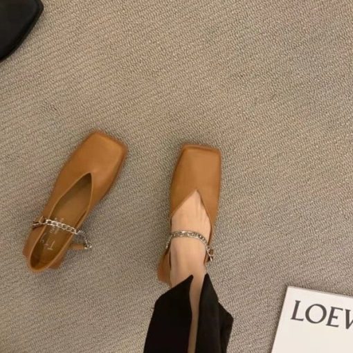 Deformed Heel Autumn Luxury Chain Square Head Shallow Flat Shoes Women's Lazy Loafer Casual Flat Square Heels