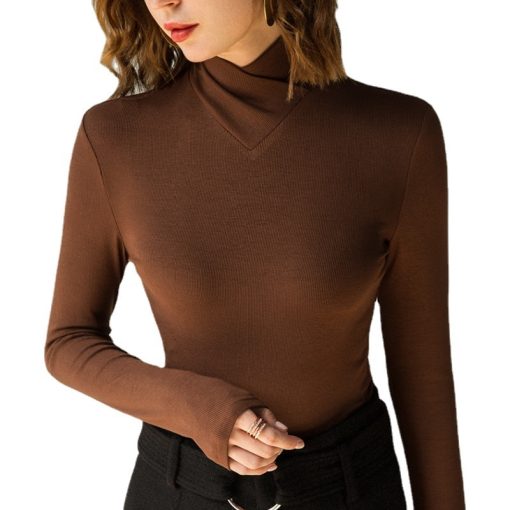 Stand-up Collar Long-Sleeved Stretch TopsTopsmainimage4Stand-up-Collar-Long-sleeved-Stretch-T-shirt-Women-s-Fall-winter-Fleece-Padded-Warm-Basic