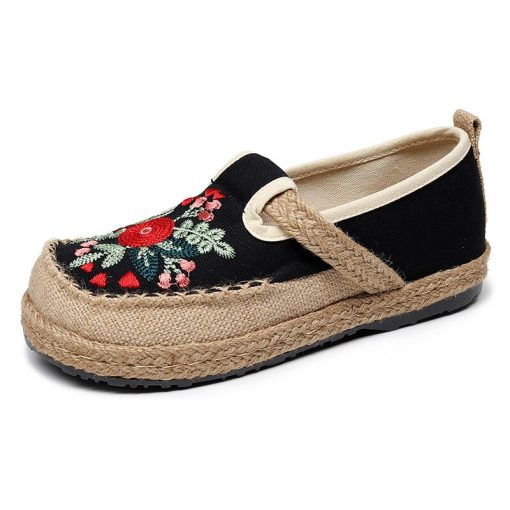Women’s Cotton Linen Embroider Retro Concise Round Toe Shoes – Miggon