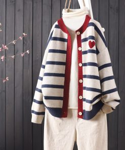 New Stripe Color Matching Button Knitted Cardigan SweatersTopsvariantimage0Autumn-And-Winter-New-Stripes-Color-Matching-Button-Round-Neck-Knitted-Cardigan-Women-Long-sleeved-Sweater