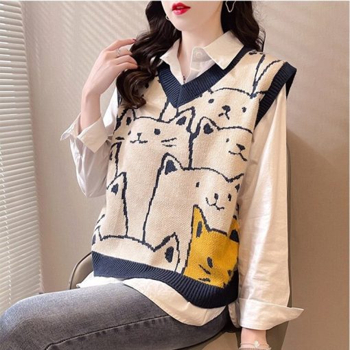 Women’s Fashion Autumn Winter Casual Pullovers V-Neck SweatersTopsvariantimage0Knitted-Sweaters-Women-Fashion-2022-Autumn-Winter-Casual-Pullovers-V-Neck-College-Style-Cat-Print-Streetwear
