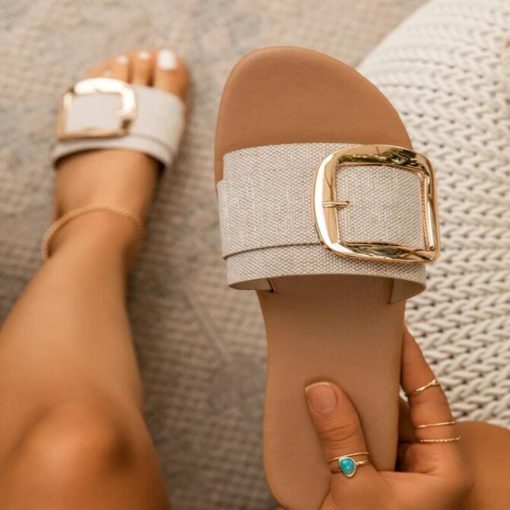 Women’s Summer Flat Comfortable SlippersSandalsvariantimage0New-2022-Summer-Designer-Women-s-Slippers-Shoes-Summer-Flat-Woman-Feminino-Fashion-Buckle-Peep-Toe