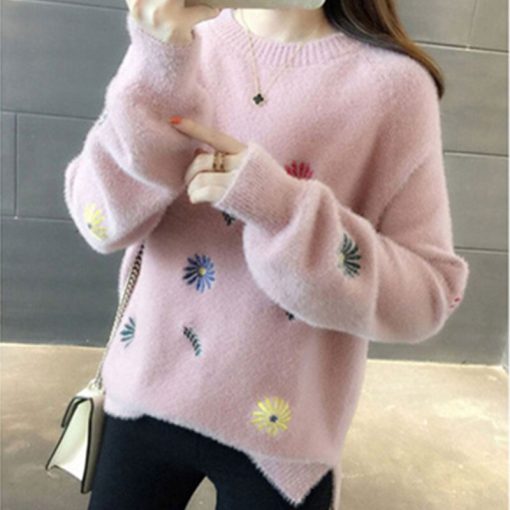Women’s New Winter Knitted SweatersTopsvariantimage0New-Winter-Knit-Sweater-Pullover-Women-Fashion-Imitation-Mink-Velvet-Cashmere-Print-Loose-Clothes-Korean-White
