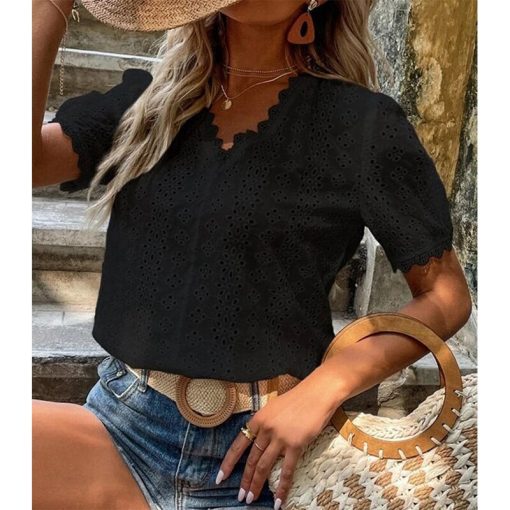 Summer New Office Lady Elegant Fashion Lace BlousesTopsvariantimage12022-Summer-New-Office-Lady-Elegant-Fashion-Lace-Spliced-Hollow-Solid-Shirt-V-neck-Puff-Sleeve