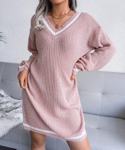 Women’s New Fall Winter V Neck Sweater DressDressesvariantimage1Women-2022-New-Fall-Winter-V-Neck-Long-Sleeve-Solid-Color-Sweater-Dress-For-Ladies-Fashion