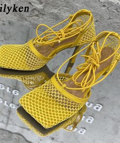 New Sexy Mesh Cross-Tied Pumps SandalsSandalsvariantimage2Eilyken-2022-New-Sexy-Yellow-Mesh-Pumps-Sandals-Female-Square-Toe-High-Heel-Lace-Up-Cross