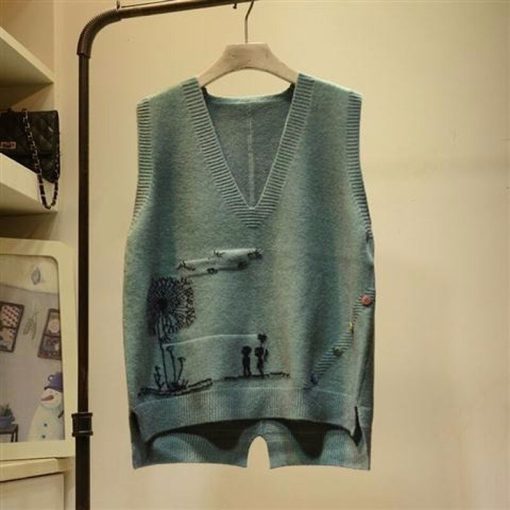 Embroidered V-neck Knitted Vest SweatersTopsvariantimage2Embroidered-V-neck-Knitted-Sweater-Vest-Femal-Cartoon-Pattern-Frill-Loose-Sleeveless-Bottoming-Pullover-Sweater-Vest