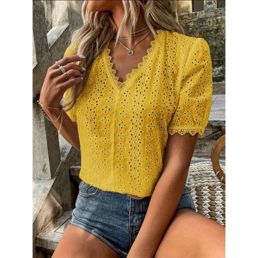 Summer New Office Lady Elegant Fashion Lace BlousesTopsvariantimage32022-Summer-New-Office-Lady-Elegant-Fashion-Lace-Spliced-Hollow-Solid-Shirt-V-neck-Puff-Sleeve