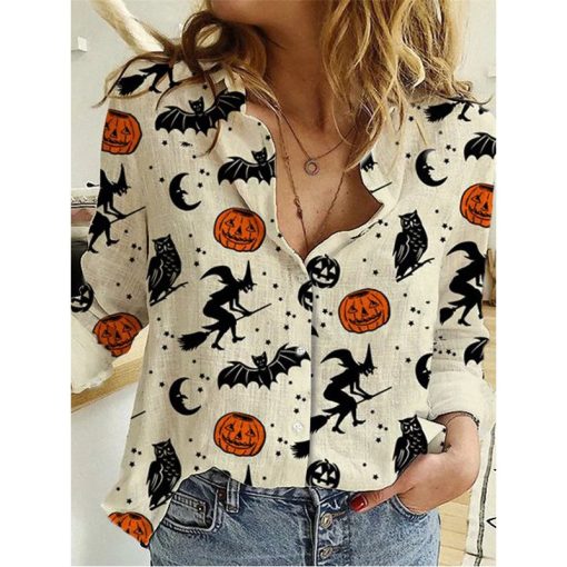 Women’s Pumpkin Bat Print Turn Down Collar Loose Halloween BlousesTopsvariantimage3Halloween-Blouse-Women-Pumpkin-Bat-Print-Turn-Down-Collar-Loose-Shirt-Tops-Autumn-Gothic-Long-Sleeve