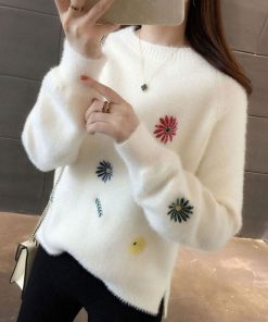 Women’s New Winter Knitted SweatersTopsvariantimage3New-Winter-Knit-Sweater-Pullover-Women-Fashion-Imitation-Mink-Velvet-Cashmere-Print-Loose-Clothes-Korean-White