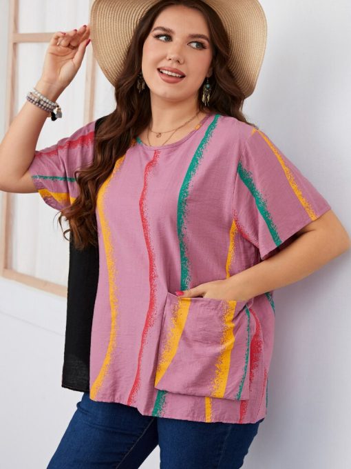 Women’s Fashion Plus Size T-ShirtsTopsvariantimage3Women-s-Pink-Plus-Size-T-Shirt-Floral-Zipper-Puff-Sleeve-Top-Summer-Fashion-Green-Casual
