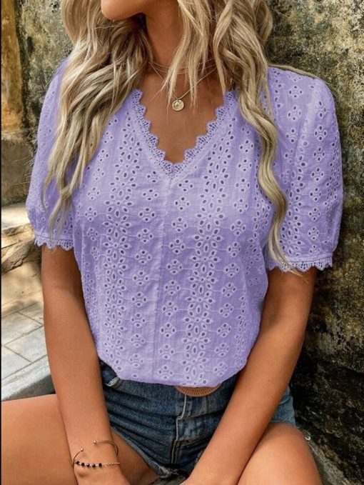 Summer New Office Lady Elegant Fashion Lace BlousesTopsvariantimage42022-Summer-New-Office-Lady-Elegant-Fashion-Lace-Spliced-Hollow-Solid-Shirt-V-neck-Puff-Sleeve