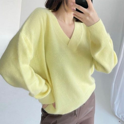 Women’s New Casual Loose V-Neck Basic Knitted SweatersTopsvariantimage4Blessyuki-Soft-Cashmere-Sweater-Women-2022-New-Casual-Loose-V-Neck-Basic-Knitted-Pullovers-Female-Korean