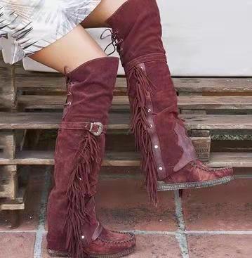 Women’s Fashion Bohemia Knee-length BootsBootsvariantimage4Fashion-Bohemia-Knee-length-Women-Boots-Ethnic-Personality-High-Boots-Tassels-Faux-Suede-Boots-Girl-Flat