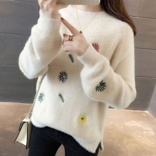 Women’s New Winter Knitted SweatersTopsvariantimage4New-Winter-Knit-Sweater-Pullover-Women-Fashion-Imitation-Mink-Velvet-Cashmere-Print-Loose-Clothes-Korean-White