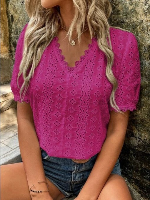 Summer New Office Lady Elegant Fashion Lace BlousesTopsvariantimage52022-Summer-New-Office-Lady-Elegant-Fashion-Lace-Spliced-Hollow-Solid-Shirt-V-neck-Puff-Sleeve