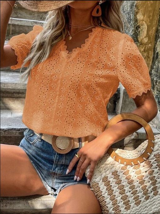 Summer New Office Lady Elegant Fashion Lace BlousesTopsvariantimage62022-Summer-New-Office-Lady-Elegant-Fashion-Lace-Spliced-Hollow-Solid-Shirt-V-neck-Puff-Sleeve