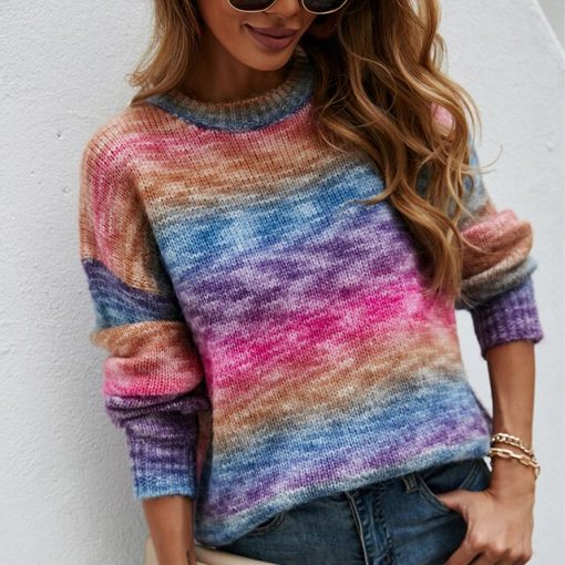 Women’s Rainbow Striped Knitwear SweatersTopsvariantimage9Rainbow-Striped-Knitwear-Sweater-Crew-Neck-Casual-Women-Pullovers-Sweaters-Female-Long-Sleeve-Colourful-Jumper-Top