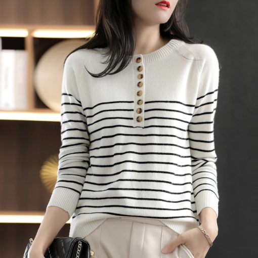 100% Cotton Bottoming Shirt Ladies Round Neck Striped Spring New Long Sleeve Pullovers Knit Thin Sweater Loose Casual Women Tops