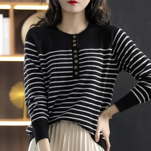 100% Cotton Bottoming Shirt Ladies Round Neck Striped Spring New Long Sleeve Pullovers Knit Thin Sweater Loose Casual Women Tops