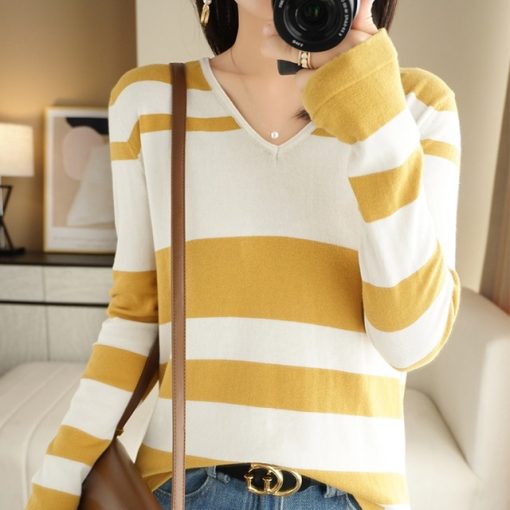 100% Cotton Thread Sweater Ladies V-Neck Striped Thin Pullover Large Size Wild Knitwear Long-Sleeve Tops Base Shirts Spring New