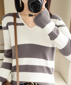 100% Cotton Thread Sweater Ladies V-Neck Striped Thin Pullover Large Size Wild Knitwear Long-Sleeve Tops Base Shirts Spring New