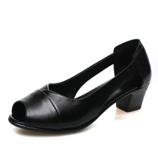 Summer Genuine Leather Comfortable Ladies Mid Heel Sandals Women Shoes Hollow Peep Toe Square Heel Sandals Woman Black