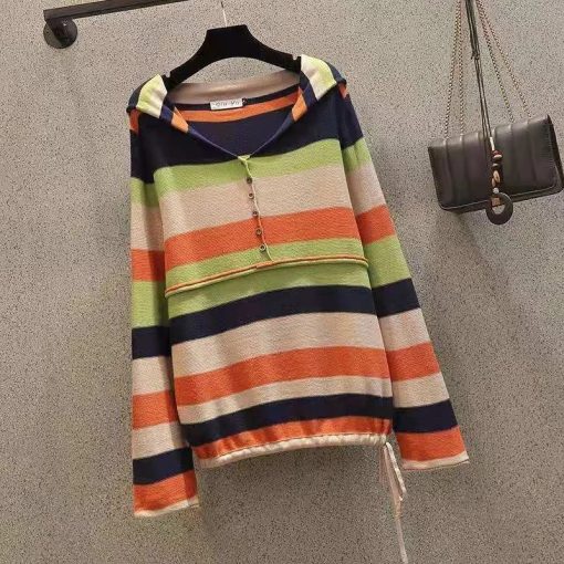 New Arrival Spring/autumn Women Loose Casual Long Sleeve Hooded T Shirt All-matched Sweet Cute Striped Cotton T-shirt