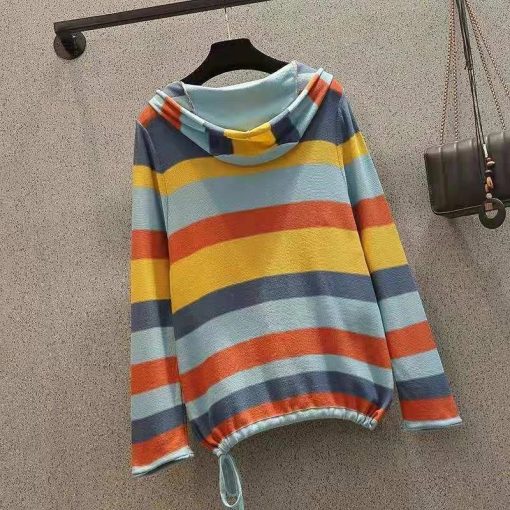 New Arrival Spring/autumn Women Loose Casual Long Sleeve Hooded T Shirt All-matched Sweet Cute Striped Cotton T-shirt