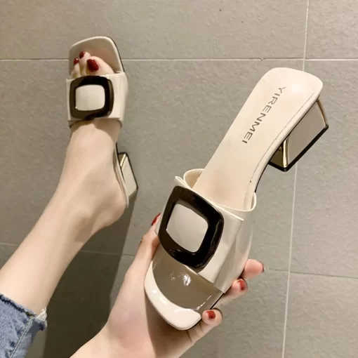 Fashion Elegant Womens Sandals High Quality Solid Metal Decorate PU Leather Square Toe Femme Low Heel Party Dress Shoes