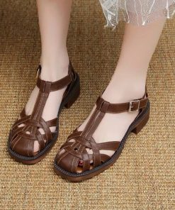 2022 Ladies Braided Buckle Roman Sandals Solid Color Flat Heel All Match Women Shoes Thick Heel.jpg Q90.jpg 1