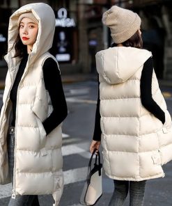 New Women's Vest Jacket Down Cotton Vest Autumn Winter Jacket Hooded Long Coat Sleeveless Loose Female Waistcoat Snow Wear