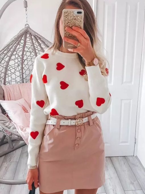 Spring Embroidery Heart Women Sweater O-Neck Kawaii Fashion Pullover Loose Jumper Long Sleeve