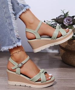 Summer 7cm Heel Solid Women Wedges Sandals Open Toe One Line Buckle Female Beach Sandal Muffin Sole Lady Fairy Sandals