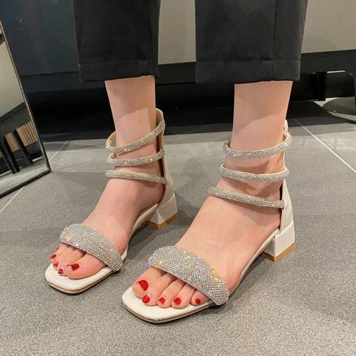 Summer New Fairy Style Small Women Shoes Medium Thick Heel French Sandals Roman Sandals Ladies Rhinestone High Heel Sandals