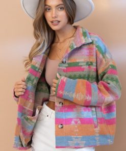 2022 Winter Women's Aztec Shacket Jacket Loose Vintage Boho Wool Blend Coat Button Down Casual Boyfriend Shirt Tops