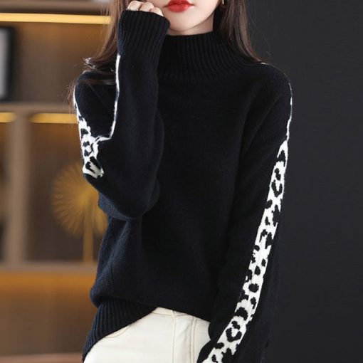 Cashmere Sweater Series Women's Autumn Winter New High-Neck Jacquard Pullover Sweater Loose Pure Wool Knitted Bottoming Sweater