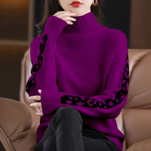 Cashmere Sweater Series Women's Autumn Winter New High-Neck Jacquard Pullover Sweater Loose Pure Wool Knitted Bottoming Sweater