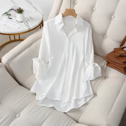Chiffon White Women Shirts Summer New 2022 Turn-Down Collar Long-Sleeved Slim Elegant Office Lady Outwear Top Quality