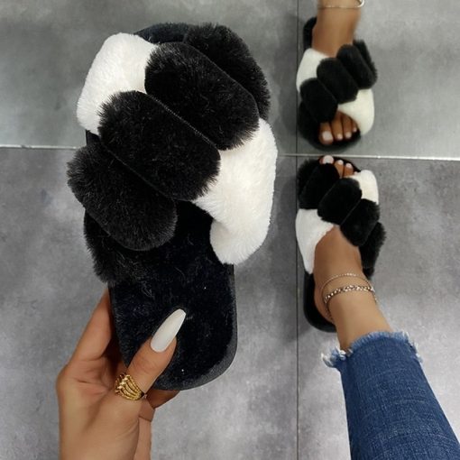 Classic Design Women Winter House Furry Slippers Fluffy Faux Fur Home Slides Flat Fashion Indoor Floor Shoes Ladies Flip Flops
