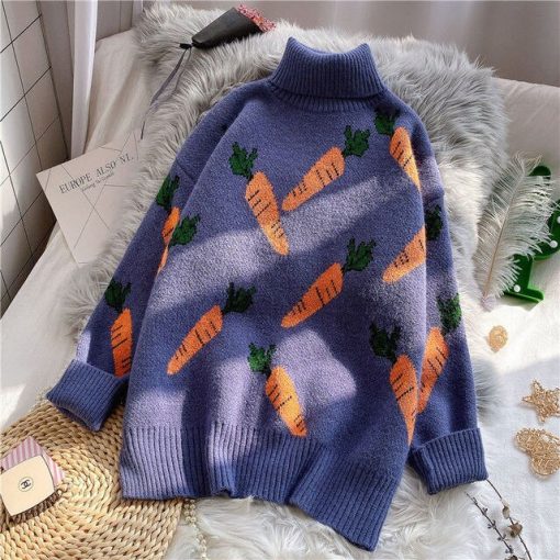 Knitted Sweater Women Carrot Pattern Long Sleeve Pullover Loose Blue Beige Sweater Jumper 2022 Autumn Winter Turtleneck