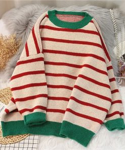 Striped Sweater Women Casual Loose Pullover O-neck All-match Knitted Jumper Top Fall Long Sleeve Chic Knit Sweaters
