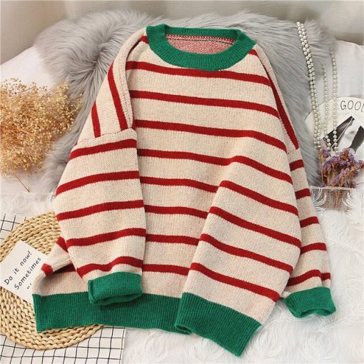 Striped Sweater Women Casual Loose Pullover O-neck All-match Knitted Jumper Top Fall Long Sleeve Chic Knit Sweaters