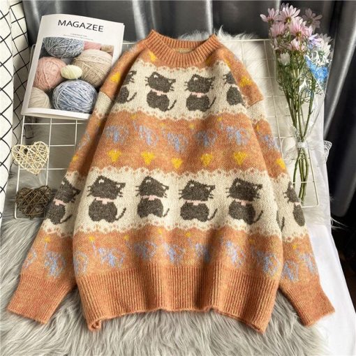 Sweaters Women Cartoon Cats Pattern O Neck Knitted Pullover Contrast Color Winter Knit Striped Vintage Warm Loose Jumper