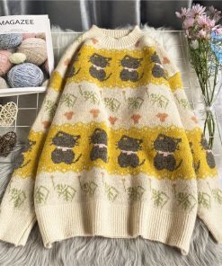 Sweaters Women Cartoon Cats Pattern O Neck Knitted Pullover Contrast Color Winter Knit Striped Vintage Warm Loose Jumper